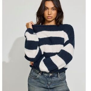 NWT Garage Oversized Knit Boat Neck Sweater Balloon Sleeves Navy Blue White